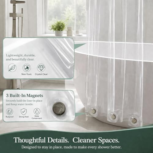 EHZNZIE Crystal Clear Shower Curtain Liner 72x72, PEVA Waterproof Bath Curtain, No Chemical Smell, 3 Weighted Magnets, Durable with Rustproof Metal Grommets