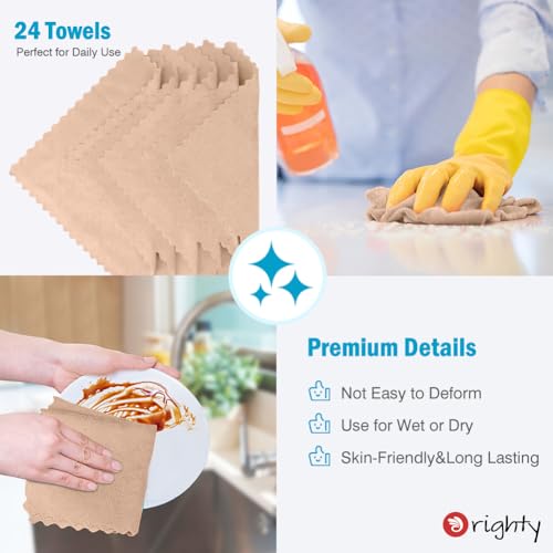 Orighty Microfiber Cleaning Cloth - 24 Pack, Brown Cleaning Rags 12x11 inch | Microfiber Towels for Cars, Highly Absorbent Household Cleaning Supplies, Reusable Lint Free Cloths for House, Kitchen