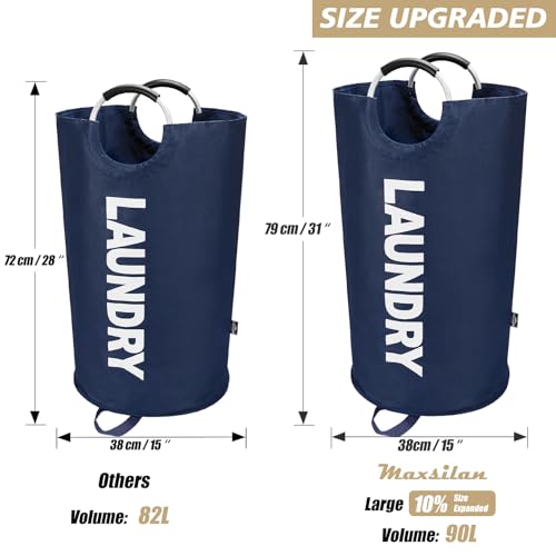 Maxsilan 90L Large Laundry Basket Bag, Collapsible Tall Hamper, Dark Blue | Freestanding tall laundry bag &amp; foldable washing basket. Large capacity clothes storage bin with durable sturdy handles