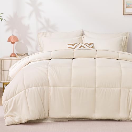 Love's cabin Queen Comforter Set, 7 Pieces Bed in a Bag, Beige | OEKO-TEX Certified, All-Season, 1 Down-Alternative Comforter + 1 Flat &amp; Fitted Sheets + 2 Pillowcases + 2 Pillow Shams