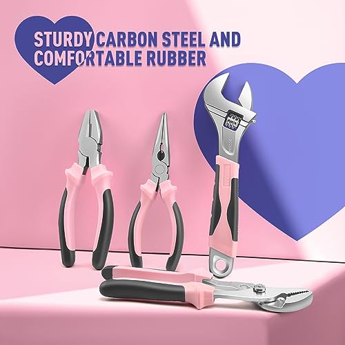 Sundpey 148 Pcs Portable Basic Hand Repair Home Tool Kit Set with Case Pink | with Ratchet Screwdriver &amp; Adjustable Wrench &amp; Water Pump Pliers, Women Tool Set for Household House Garage Apartment Dorm