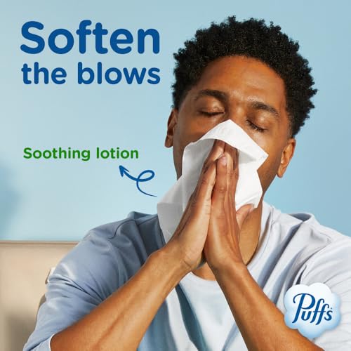 Puffs Facial Tissues Plus Lotion, 4 Family Boxes, 124 Facial Tissues per Box, Allergies and Colds (Packaging May Vary)