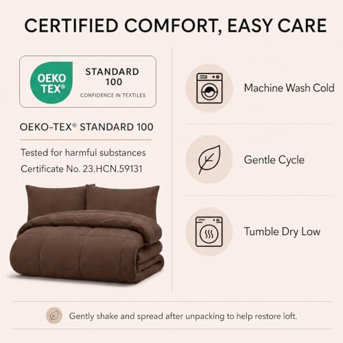 CozyLux Queen Comforter Set Brown - 7 Pieces Bed in a Bag | OEKO-TEX Certified, All-Season, Bedroom, Guest Room, Down-Alternative Comforter + Flat &amp; Fitted Sheets + 4 Pillowcases