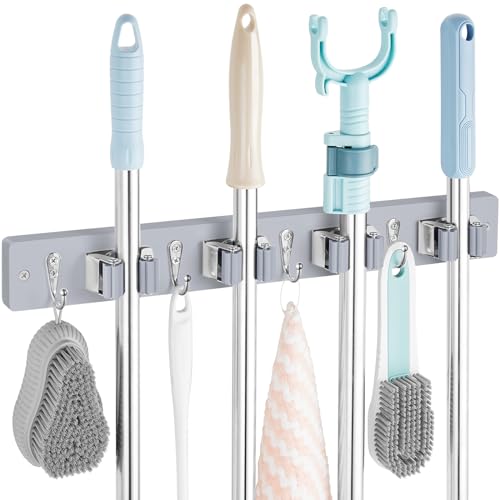 OUTNILI Gray Mop Broom Holder Wall Mount with 4 Slots &amp; 4 Hooks - Wood Broom Mop Hanger for Pantry Closet Laundry Room Organization - Heavy Duty Garden Tool Organizer