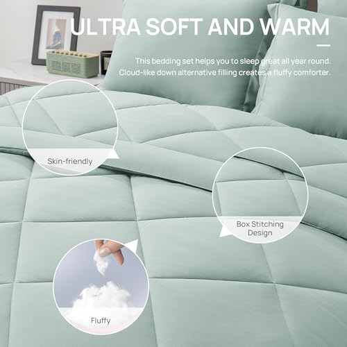 Love's cabin Queen Comforter Set, 7 Pieces Bed in a Bag, Aqua | OEKO-TEX Certified, All-Season, 1 Down-Alternative Comforter + 1 Flat &amp; Fitted Sheets + 2 Pillowcases + 2 Pillow Shams