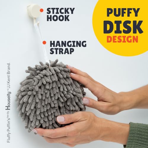 JJ KENT Fluffy Puffins Microfiber Puff Hand Towels &amp; Hooks, 3 Pack, Gray | Ball hand towel, hand drying puff, use in bathrooms and kitchens, dry hands, dishes and countertops, soft texture, reusable