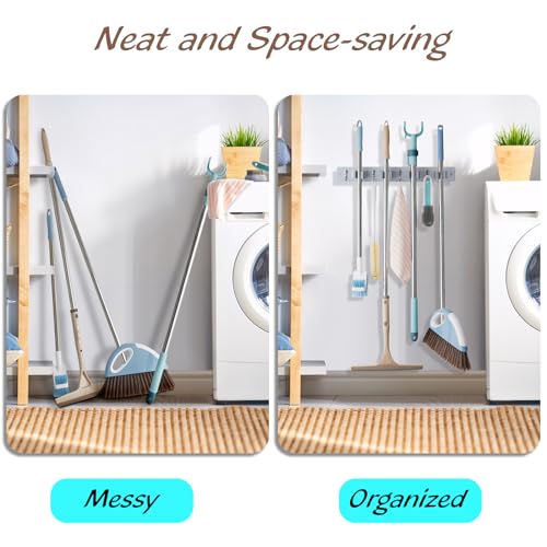 OUTNILI Gray Mop Broom Holder Wall Mount with 4 Slots &amp; 4 Hooks - Wood Broom Mop Hanger for Pantry Closet Laundry Room Organization - Heavy Duty Garden Tool Organizer