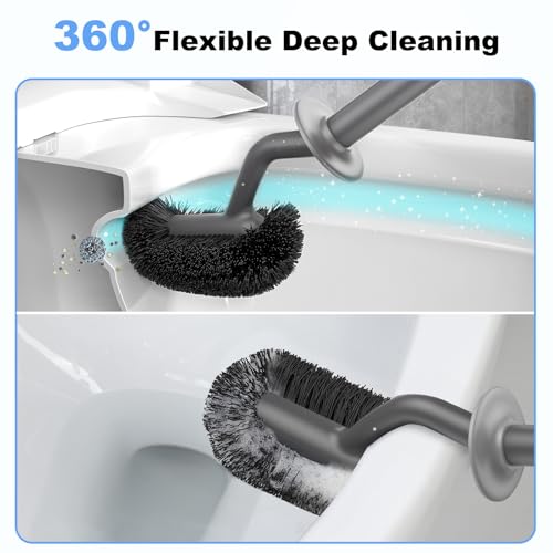 HAMITOR Toilet Bowl Brush Holder Set: Curved Design with Holder for Deep Cleaning Under Rim - Compact Hidden Scrubber for Small Space - Modern RV Bathroom Accessories - Gray