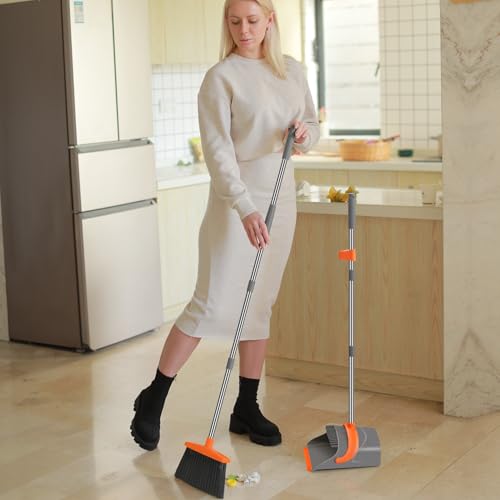 Ivandar Broom and Dustpan Set for Home, Broom and Dustpan Combo for Office, Long Handle Broom with Upright Standing Dust pan,Indoor&amp;Outdoor Sweeping (Gray&amp;Orange)