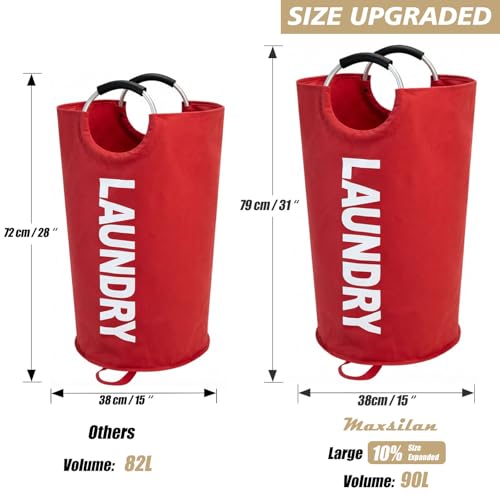Maxsilan 90L Large Laundry Basket Bag, Collapsible Tall Hamper, Red | Freestanding tall laundry bag &amp; foldable washing basket. Extra large clothes storage bin with durable sturdy handles