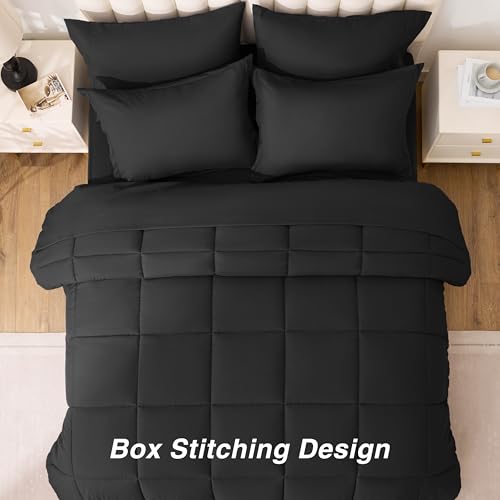 Love's cabin Queen Comforter Set, 7 Pieces Bed in a Bag, Black | OEKO-TEX Certified, All-Season, 1 Down-Alternative Comforter + 1 Flat &amp; Fitted Sheets + 2 Pillowcases + 2 Pillow Shams