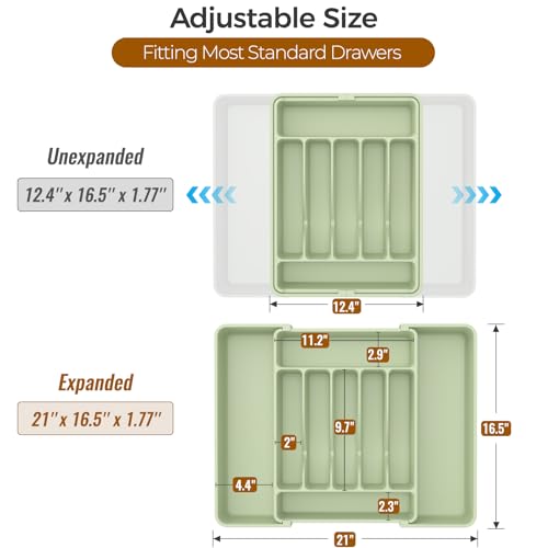 ukeetap Extra Large Expandable Silverware Organizer, Flatware Tray, Green | BPA-Free Food-Safe Kitchen Utensil Cutlery Drawer Organizer, Adjustable Silverware Holder for Spoons Forks Knives
