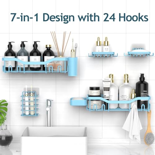 NESOMI Shower Caddy Adhesive Shower Organizer 7-Pack, Rustproof Stainless Steel Bathroom Shelves, Large Capacity No-Drill Rack Storage Accessories with Soap Dish Toothbrush Holder Hooks