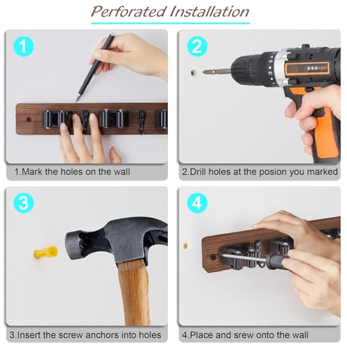 OUTNILI Mop and Broom Holder Wall Mount - Wood Broom Mop Hanger - Wall Mounted Garden Tool Rack Organizer for Closet Garage Laundry Room, Rustic Kitchen Decor With 4 Slots &amp; 4 Hooks