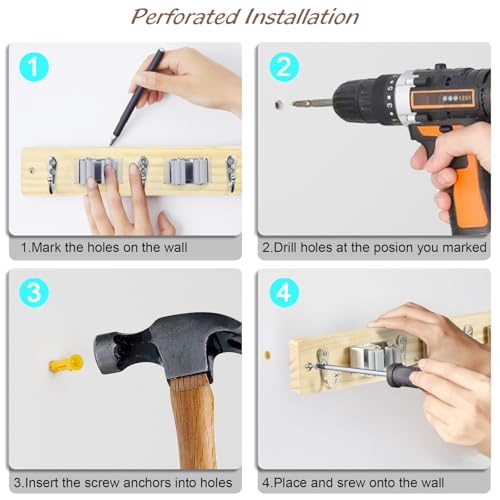 OUTNILI Mop and Broom Holder Wall Mount - Light Wood Broom Mop Hanger - Wall Mounted Garden Tool Rack Organizer for Closet Garage Laundry Room Kitchen With 4 Slots &amp; 4 Hooks