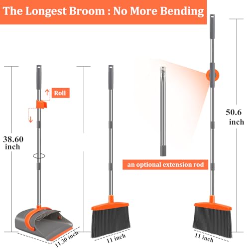 Ivandar Broom and Dustpan Set for Home, Broom and Dustpan Combo for Office, Long Handle Broom with Upright Standing Dust pan,Indoor&amp;Outdoor Sweeping (Gray&amp;Orange)