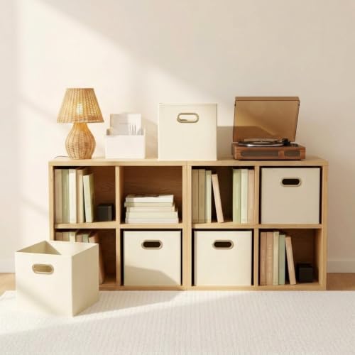 Fabric Storage Bins 6 Piece Set, Strong Poly-Woven Fabric, Sturdy Chipboard Sides, Grommet Front Handle, Stackable and Foldable, Classic Design, Cream