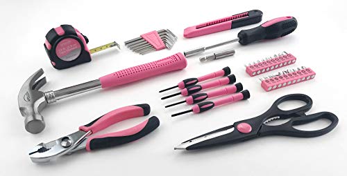 Apollo Tools 39 Piece General Household Tool Set, Pink DT9706P | Toolbox Storage Case with Essential Hand Tools for Everyday Home Repairs, DIY and Crafts. Pink Ribbon