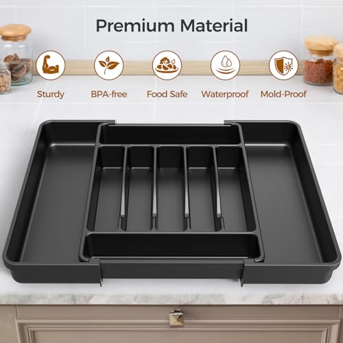 ukeetap Extra Large Expandable Silverware Organizer, Flatware Tray, Black | BPA-Free Food-Safe Kitchen Utensil Cutlery Drawer Organizer, Adjustable Silverware Holder for Spoons Forks Knives