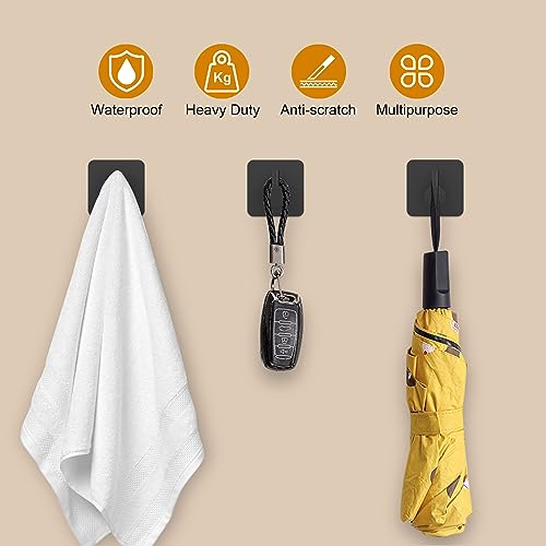 Honmein 6 Pcs Adhesive Wall Hooks for Hanging - Waterproof Shower Hooks | Heavy Duty Towel Hooks for Bathrooms, Kitchens, and Offices (Black)