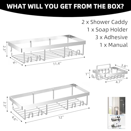 Moforoco 3-Pack Shower Caddy Basket Shelf with Soap Holder, No Drilling Traceless Adhesive Shower Wall Shelves, Rustproof Black Bathroom Shower Storage Organizer