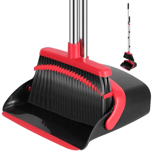 NACENA Broom and Dustpan Set, 52-in Long Adjustable Handle Broom Dustpan Combo with Dustpan Teeth to Automatically Clean Hair Suitable for Home Kitchen Office Hall Floor（Black&amp;Red）