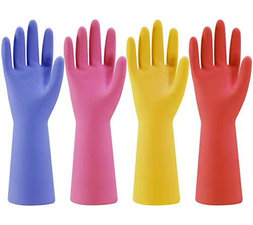 Bamllum Rubber Kitchen Dishwashing Gloves - 4 Pairs Colorful Reusable Household Cleaning Gloves for Washing Dishes and Cleaning Tasks, Flexible Long-lasting and Non-Slip (Large, Blue+Pink+Yellow+Red)