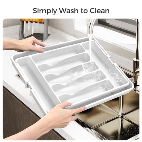 ukeetap Extra Large Expandable Silverware Organizer, Flatware Tray,White | BPA-Free Food-Safe Kitchen Utensil Cutlery Drawer Organizer, Adjustable Silverware Holder for Spoons Forks Knives