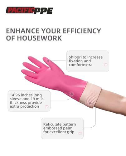 PACIFIC PPE 2 Pairs Reusable Natural Latex Dishwashing Gloves, Large | Kitchen gloves, dishwashing gloves, waterproof, reusable, non-slip grip, flexible fit for laundry and household cleaning