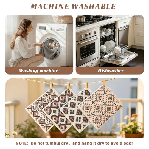 Eugiichr 4 Pack Swedish Dishcloths for Kitchen, Reusable, Super Absorbent | No Odor &amp; Washable Dish Cloths, Western Aztec Kitchen Towels, Non-Scratch Cellulose Cloths for Washing Dishes, Biodegradable