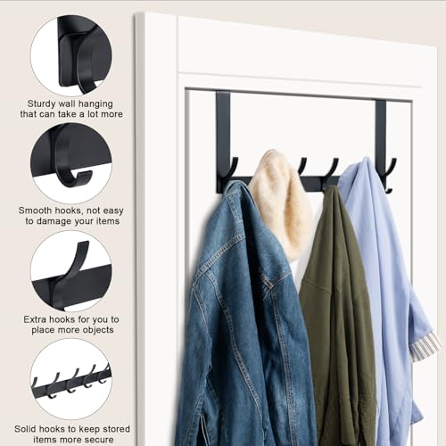 Over The Door Hooks,Door Hanger Hooks for Hanging (Black, Fit 1-3/4" Doors) | Sturdy Door Hanger,Towel Racks for Bathroom with 12 Coat Hook,Coat Rack,Large Over The Door for Bathroom,Bedroom,Kitchen