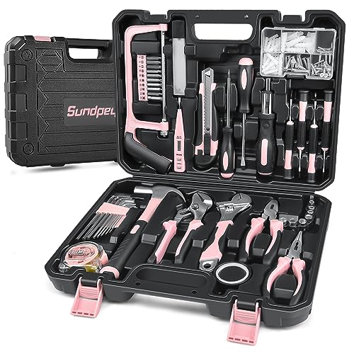 Sundpey 148 Pcs Portable Basic Hand Repair Home Tool Kit Set with Case Pink | with Ratchet Screwdriver &amp; Adjustable Wrench &amp; Water Pump Pliers, Women Tool Set for Household House Garage Apartment Dorm