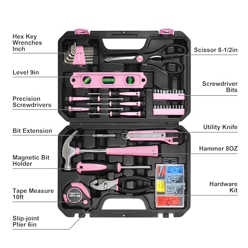 Amazon Basics 142-Piece Household Tool Kit for Home Repair, Hand Tools with Storage Case, 13.39 x 9.25 x 2.95 inch, Pink