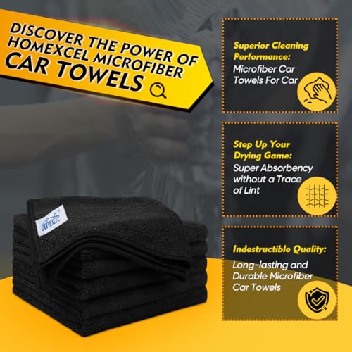 HOMEXCEL Black Microfiber Cleaning Cloth 6 Pack, 12.5 x 12.5 inch Microfiber Towels for Cars, Ultra Absorbent Car Washing Cloth, Lint Free Streak Free Cleaning Rags for Car, Kitchen, and Window