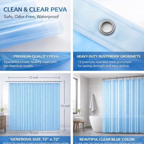 EHZNZIE Clear Blue Shower Curtain Liner 72x72, PEVA Waterproof Bath Curtain, No Chemical Smell, 3 Weighted Magnets, Durable with Rustproof Metal Grommets