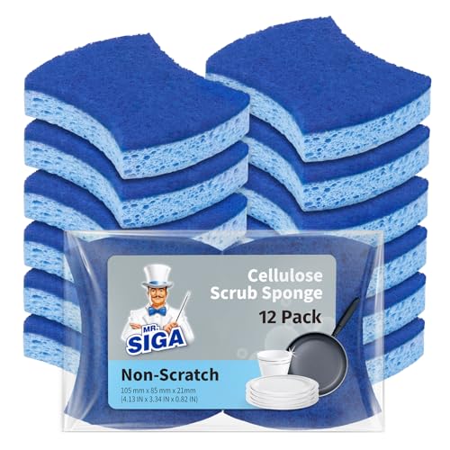 MR.SIGA Non-Scratch Cellulose Scrub Sponge, Dual-Sided Dish Sponge, 12 Pack | Dishwashing sponge for non stick cookware, scratch free dish sponges, kitchen sponges, cellulose sponges, sponges for dishes