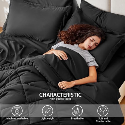 Love's cabin Queen Comforter Set, 7 Pieces Bed in a Bag, Black | OEKO-TEX Certified, All-Season, 1 Down-Alternative Comforter + 1 Flat &amp; Fitted Sheets + 2 Pillowcases + 2 Pillow Shams
