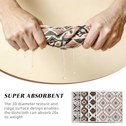 Eugiichr 4 Pack Swedish Dishcloths for Kitchen, Reusable, Super Absorbent | No Odor &amp; Washable Dish Cloths, Western Aztec Kitchen Towels, Non-Scratch Cellulose Cloths for Washing Dishes, Biodegradable