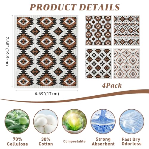 Eugiichr 4 Pack Swedish Dishcloths for Kitchen, Reusable, Super Absorbent | No Odor &amp; Washable Dish Cloths, Western Aztec Kitchen Towels, Non-Scratch Cellulose Cloths for Washing Dishes, Biodegradable