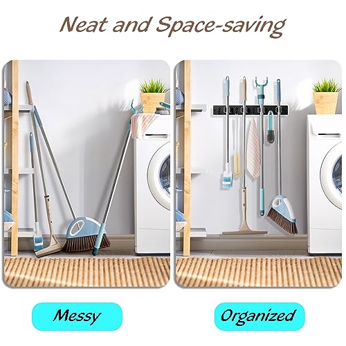 OUTNILI Black Mop Broom Holder Wall Mount with 4 Slots &amp; 4 Hooks - Rustic Wood Broom Mop Hanger for Pantry Closet Laundry Room Organization - Heavy Duty Garden Tool Organizer - Black Kitchen Decor