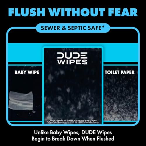 DUDE Wipes Unscented Adult Flushable Wet Wipes, Sensitive Skin, 48 Count | 99% water, extra large flushable butt wipes. Fragrance free, hypoallergenic, vitamin E and aloe. Septic safe. 1 pack of 48.