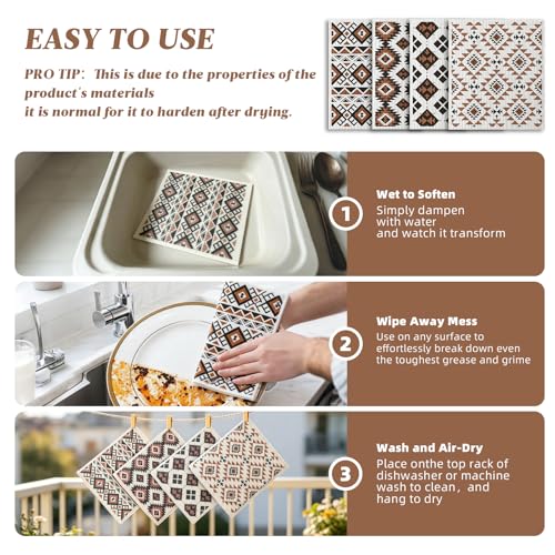 Eugiichr 4 Pack Swedish Dishcloths for Kitchen, Reusable, Super Absorbent | No Odor &amp; Washable Dish Cloths, Western Aztec Kitchen Towels, Non-Scratch Cellulose Cloths for Washing Dishes, Biodegradable