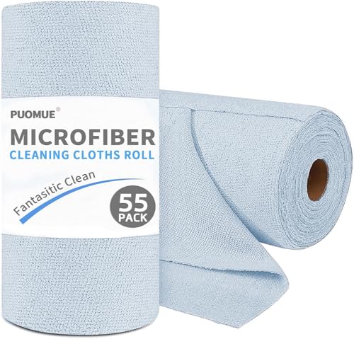 Puomue 55 Pack Microfiber Cleaning Cloth Roll, Tear Away Reusable Paper Towels, 11" x 9", Ultra Absorbent &amp; Lint Free Microfiber Cloth for Cleaning Cars, Kitchen, Window, Home and Shop, Light Blue