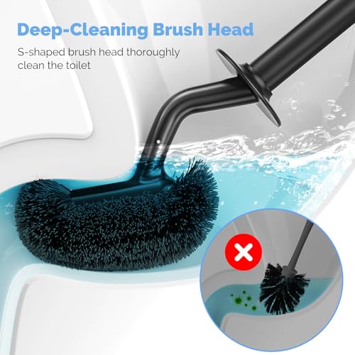 HAMITOR Toilet Bowl Brush Holder Set: Curved Design with Holder for Deep Cleaning Under Rim - Compact Hidden Scrubber for Small Space - Modern RV Bathroom Accessories - Black