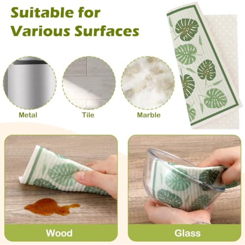 6 Pcs Swedish Paper Cloths for Kitchen, Reusable Paper Towels Washable | Highly Absorbent Kitchen Towels Quick Drying Swedish Sponge Cleaning Dish Cloths Dish Rags (Green Plant Leaves)