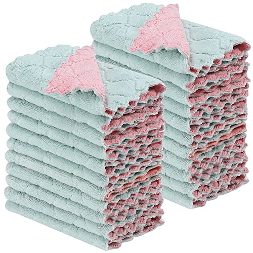 22 Pack Kitchen Dish Cloths, Reusable Dish Towels, Nonstick Oil Washable Fast Drying, Super Absorbent Coral Velvet Cleaning Cloths for Cleaning Tableware, Kitchen, Bathroom (Pink-green-10" x 6")