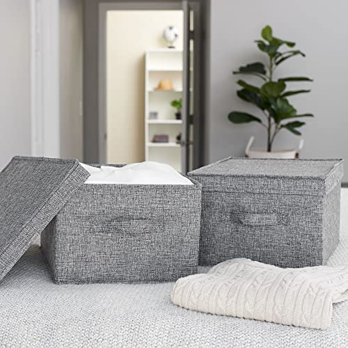 Household Essentials Large Storage Box with Lid in Breathable Canvas and Convenient Handle, Graphite Grey, Set of 2