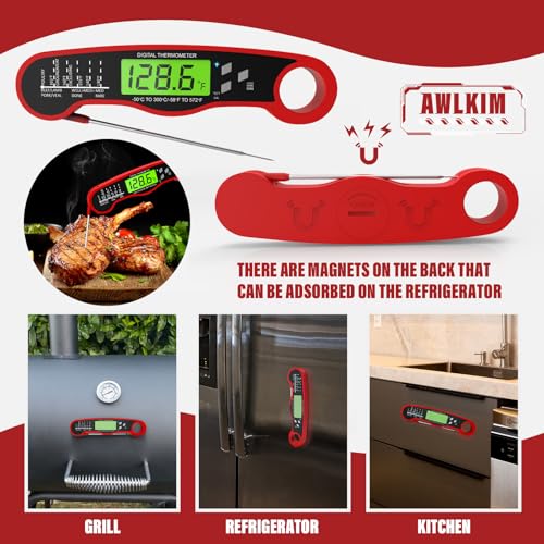 AWLKIM Meat Thermometer Digital, Instant Read Food Thermometer, Red | Waterproof cooking thermometer with doneness chart, backlight, F/C switch for BBQ, candy, oil