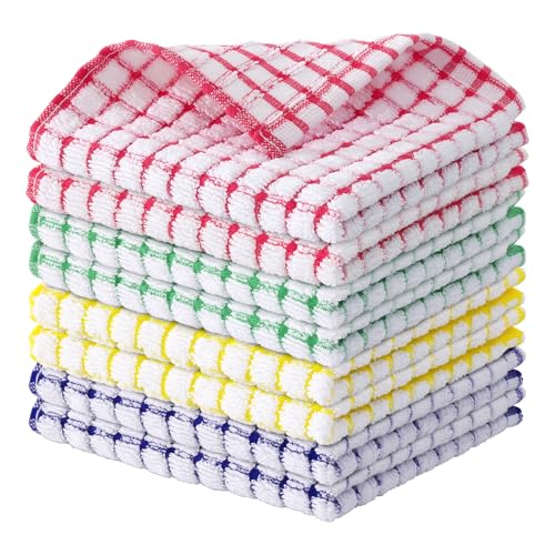 Kitinjoy Cotton 8 Pack Terry Kitchen Dish Cloths, Mixed Color | 12 x 12 Inches Super Soft and Absorbent Dish Rags, Quick Drying Dish Towels for Washing Dishes