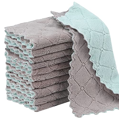 Rachan 11Pack Kitchen Dish Cloths, Reusable Dish Towels, Nonstick Oil Washable Fast Drying, Super Absorbent Coral Velvet Cleaning Cloths for Mom from Daughter Son(Green-grey10 x 6")